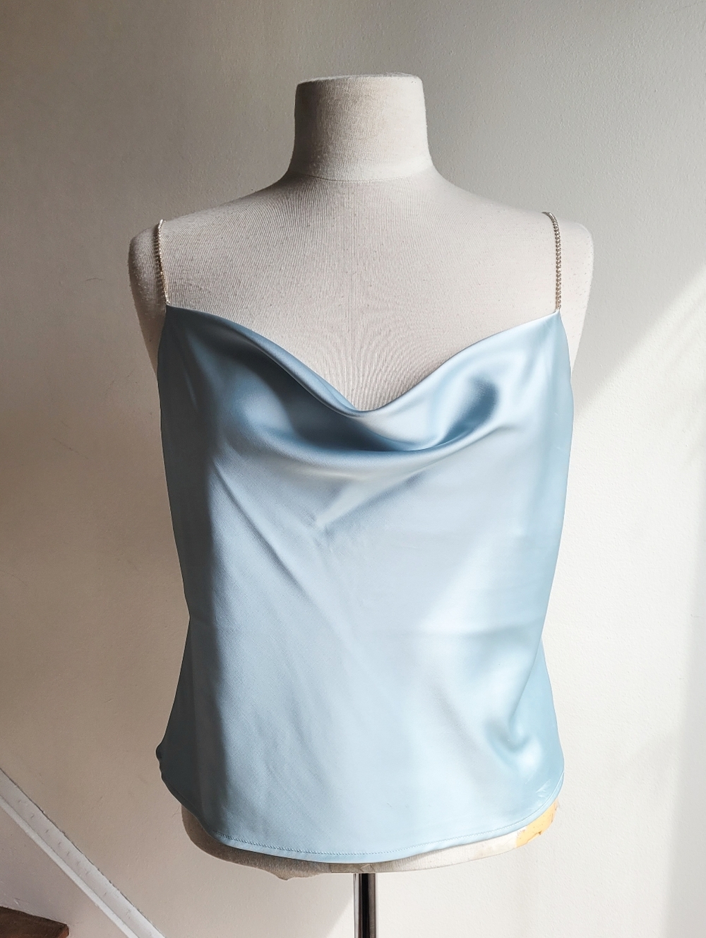 NWT HOUSE OF HARLOW Satin Cowl Neck Camisole -Light Blue Rhinestone Starps S